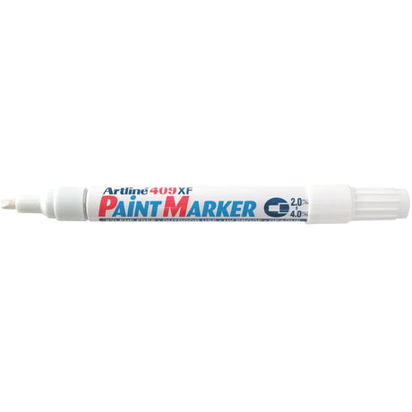 Artline 409 White Paint Markers, 12-pack with 4.0mm chisel tip for permanent marking on various surfaces, quick-drying, fade-resistant.