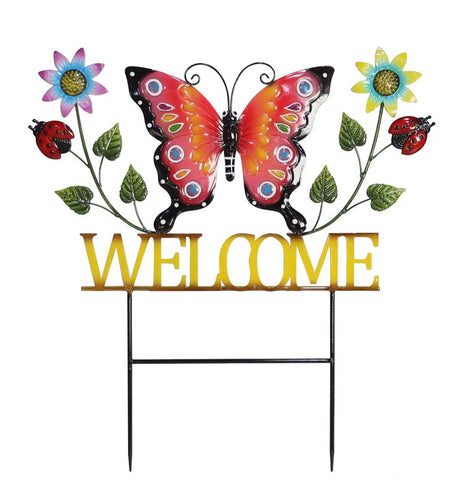 Colorful 69cm garden stake featuring a butterfly design, perfect for welcoming guests and enhancing outdoor charm.