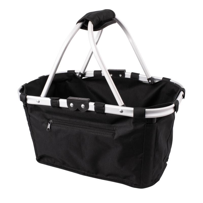 Stylish black foldable carry basket with two handles, ergonomic design, and water-resistant polyester for eco-friendly shopping.