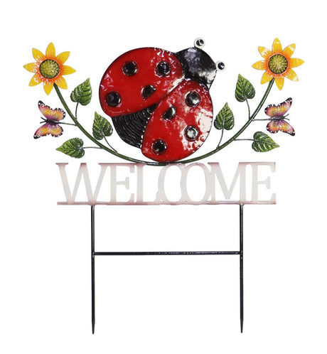 Vibrant 65cm garden stake featuring a ladybug on a welcoming sign, perfect for charming outdoor spaces.