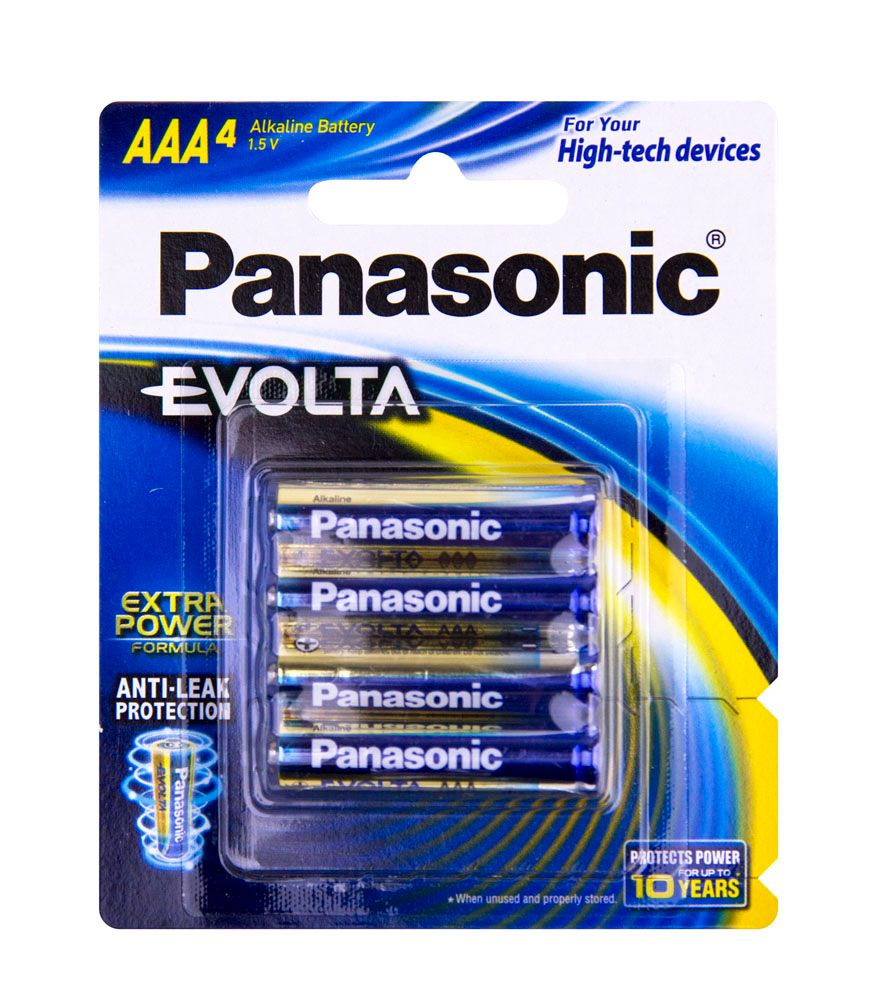 Panasonic Evolta AAA batteries 4 pack, featuring anti-leak protection, triple tough coating, and long-lasting power storage.