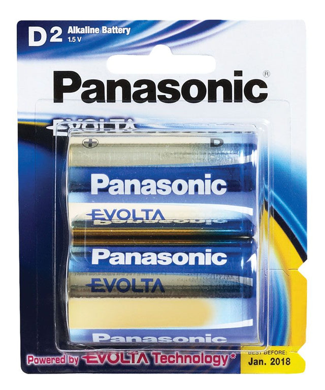 Panasonic Evolta D Size Batteries 2 Pack, featuring long-lasting power, leak protection, and 10-year storage capability.