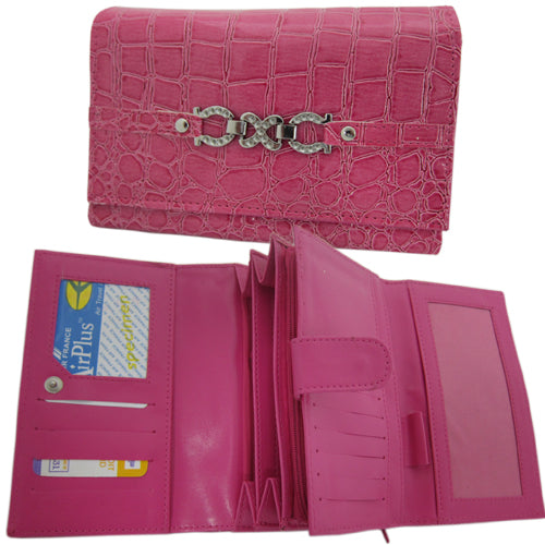 Small pink croc ladies wallet made of shiny PU leather, featuring card, cash, and coin compartments for stylish organization.