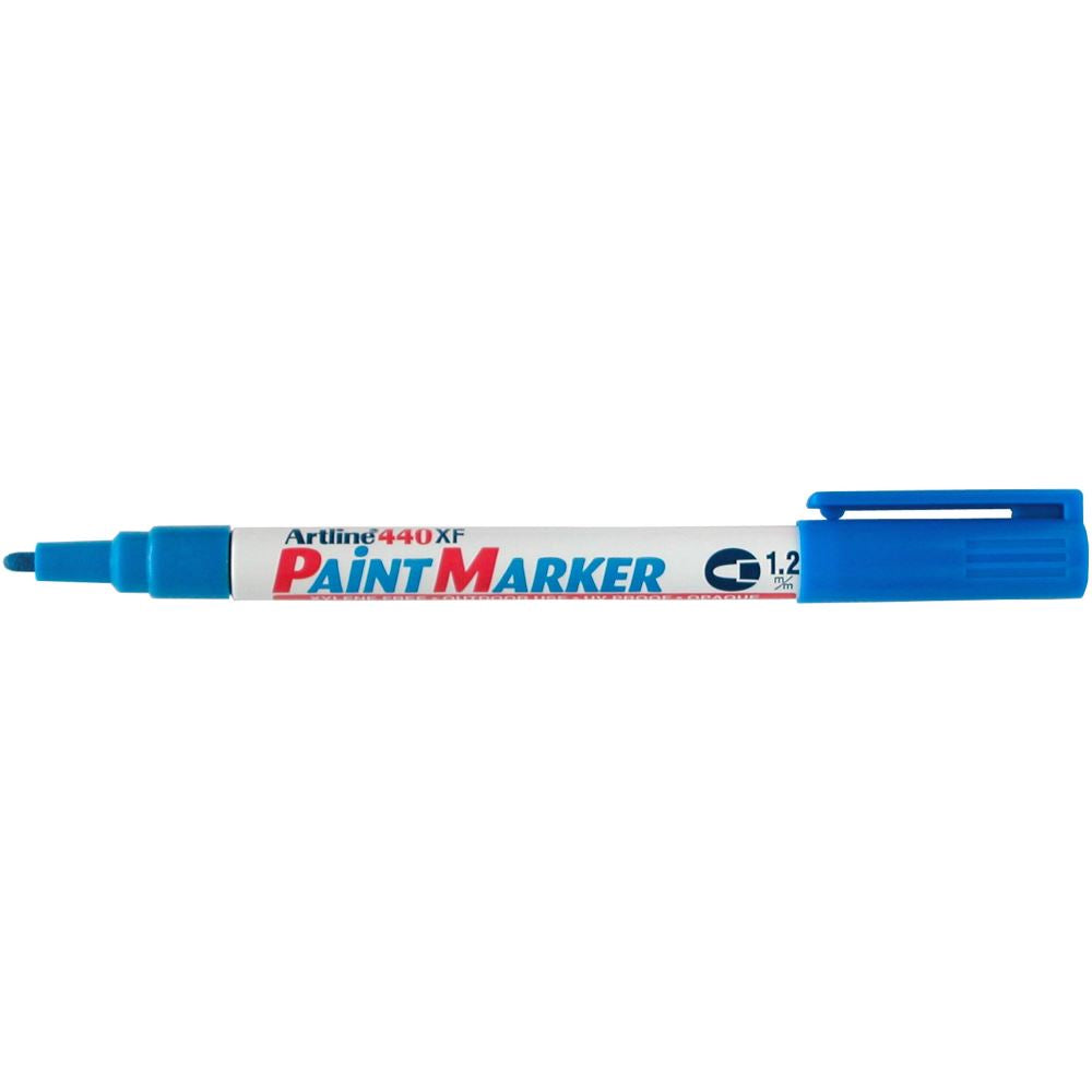 Blue Artline 440 Paint Markers with 1.2mm bullet tip, permanent ink, 12 pack, ideal for vibrant marking on multiple surfaces.