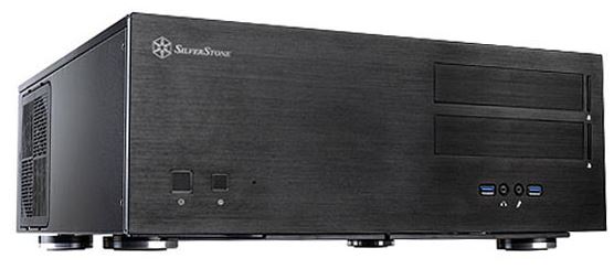 Sleek SilverStone GD08 HTPC case in black, designed to hold 12 drives and high-end components for an elegant media setup.