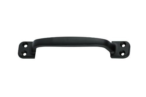 Black powder-coated 145mm pull handle crafted from durable zinc, ideal for cabinets and doors with a modern aesthetic.