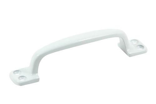 Modern white powder-coated pull handle, 145mm long, durable zinc material, perfect for doors and cabinets.