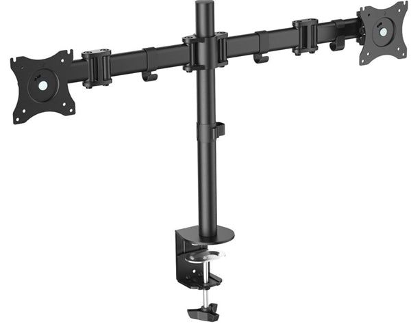 Dual monitor stand for 15-27" screens, featuring clamp base, adjustable tilt, swivel, and rotation for ergonomic setups.