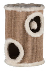 Luxurious Edoardo Cat Scratching Tower in taupe/cream with sisal surface, padded platform, and engaging toy on a string.