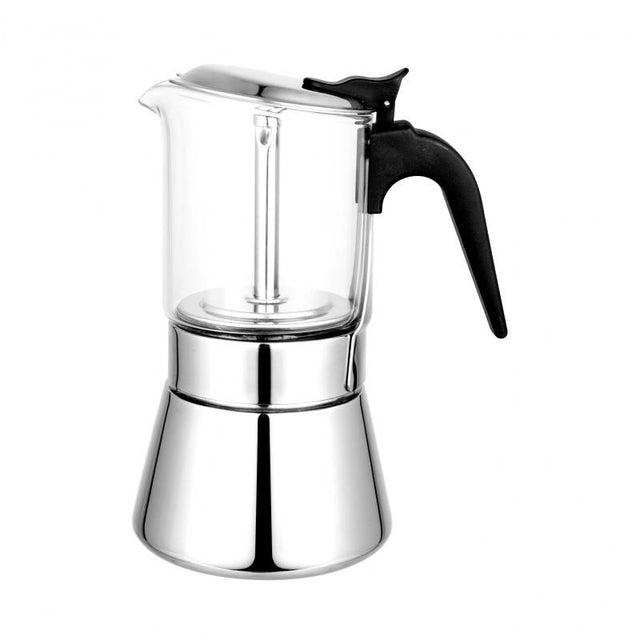 Avanti Como Espresso Maker 160ml, stylish stovetop brewer with glass chamber, stainless steel base, and safety-release valve.