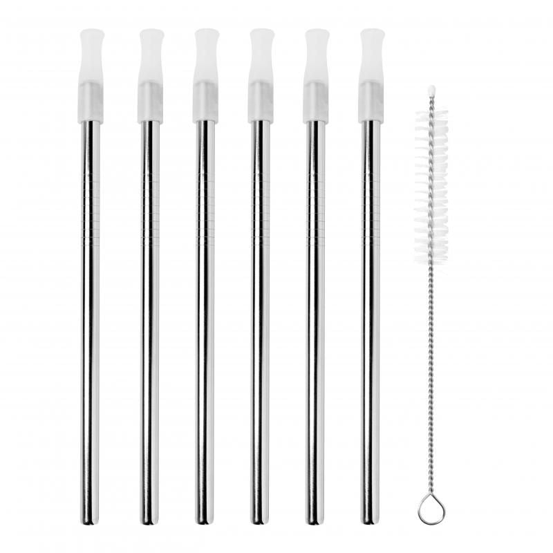 Set of 6 eco-friendly stainless steel cocktail straws with cleaning brush, featuring silicone mouthpieces for safe sipping.