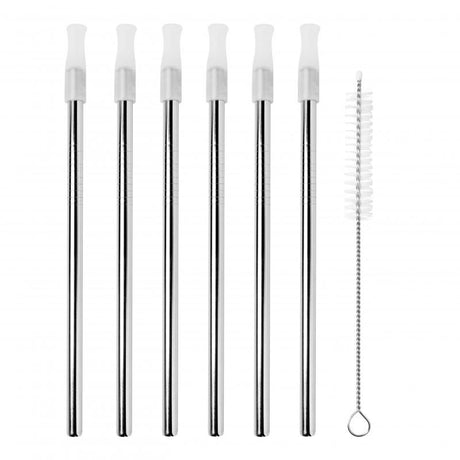 Set of 6 eco-friendly stainless steel cocktail straws with cleaning brush, featuring silicone mouthpieces for safe sipping.