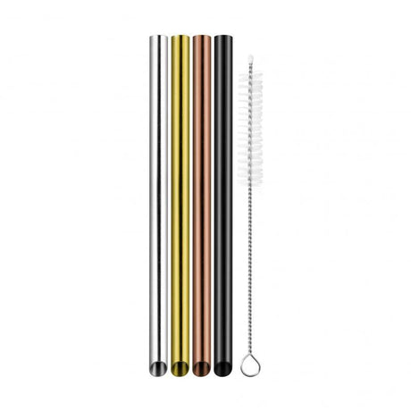 Set of 4 Avanti stainless steel bubble tea straws with a cleaning brush, designed for durable, eco-friendly sipping.