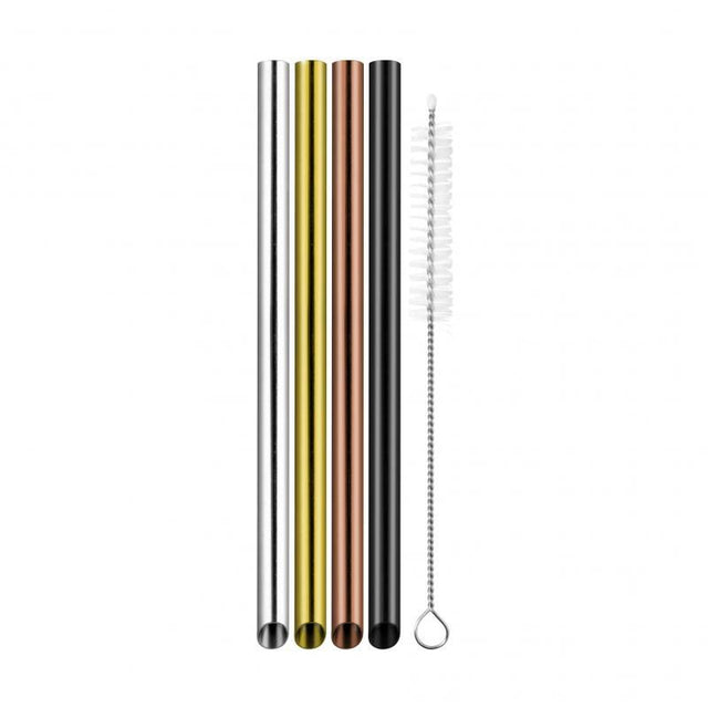 Set of 4 Avanti stainless steel bubble tea straws with a cleaning brush, designed for durable, eco-friendly sipping.