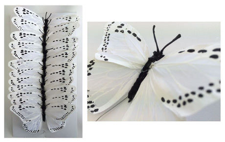 Vibrant set of 12 artificial butterflies with feather bodies and bendable wires for versatile decoration and crafts.