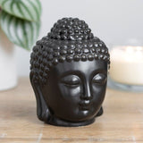 Matte black Buddha head oil burner for aromatherapy, measuring 14x9x9 cm, promotes relaxation and enhances decor.