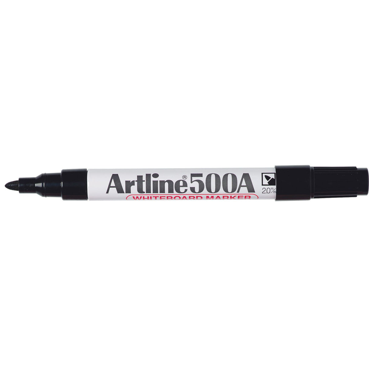 Set of 12 Artline 500a black whiteboard markers with 2mm bullet nib, ideal for vibrant, low-odor, dry-erase writing.