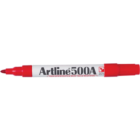 Artline 500A Red Whiteboard Markers with 2mm bullet nib, pack of 12, low-odour, bold colors, ideal for detailed writing.