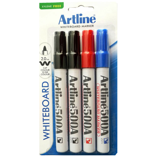 Artline 500A assorted whiteboard markers with 2mm bullet nibs, low-odor ink, and durable aluminum barrels for vibrant writing.