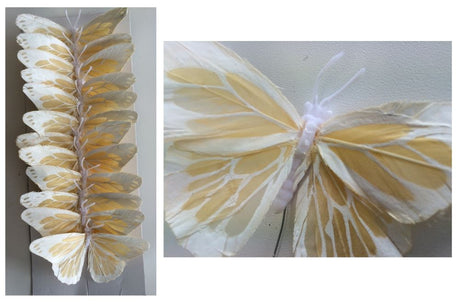 Vibrant set of 12 artificial butterflies with flexible wire bodies, crafted from soft feathers for versatile decor and crafting.