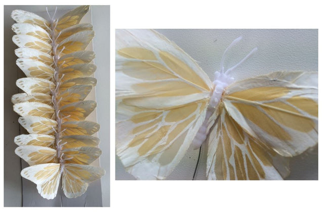 Vibrant set of 12 artificial butterflies with flexible wire bodies, crafted from soft feathers for versatile decor and crafting.