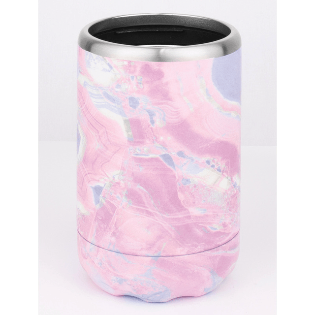 Avanti Double Wall Insulated Can Holder in Pink Marble, designed to keep drinks cold with no condensation. Perfect for outdoor adventures.