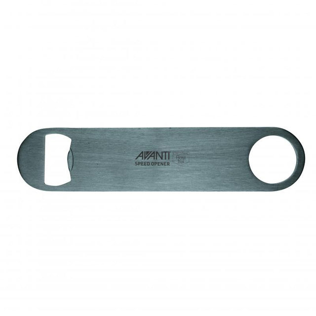 Avanti Stainless Steel Speed Bottle Opener: sleek, durable tool for effortlessly opening screw top and flip top bottles.