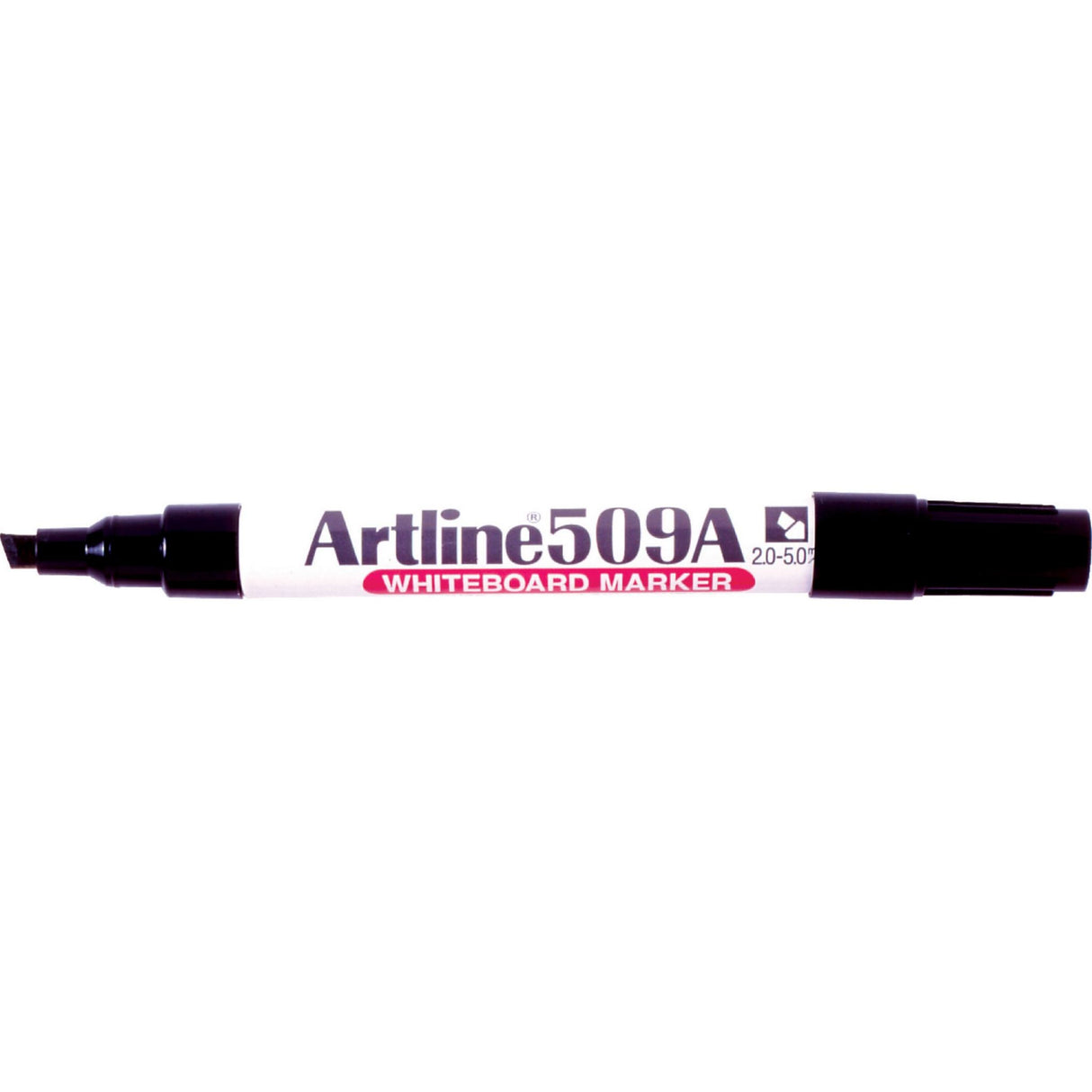 Pack of 12 Artline 509a black whiteboard markers with 5mm chisel nib for bold, precise writing on dry erase boards.