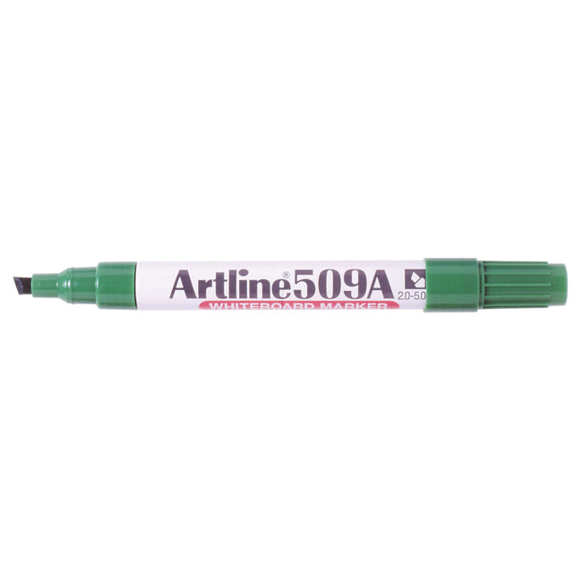 Artline 509a Green Whiteboard Markers with 5mm chisel nib, 12 units, low odour ink, bold colors for classrooms and offices.