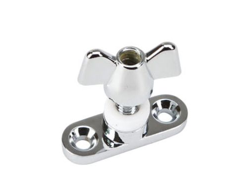 Chrome plated wingnut and base for quadrant stay, made of durable zinc, dimensions 38x13x30mm, 1/4" thread.