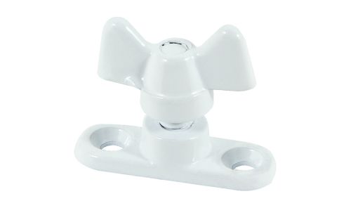 White powder-coated wingnut and base set for quadrant stay, made of durable zinc for strength and compatibility with 1/4" thread.