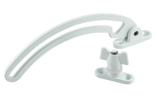 White powder-coated quadrant stay for top hung windows, enhancing safety and ventilation with durable zinc construction.