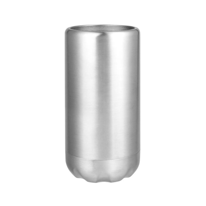 Sleek stainless steel insulated holder keeps drinks cold; fits standard cans (330-355ml) with silicone gasket for spill-free use.