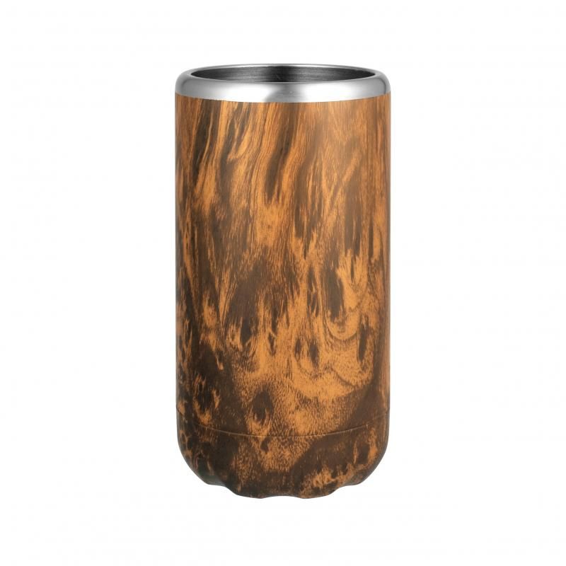 Avanti insulated can holder in Woodland design, keeping drinks cold with double-wall steel and silicone gasket for secure fit.