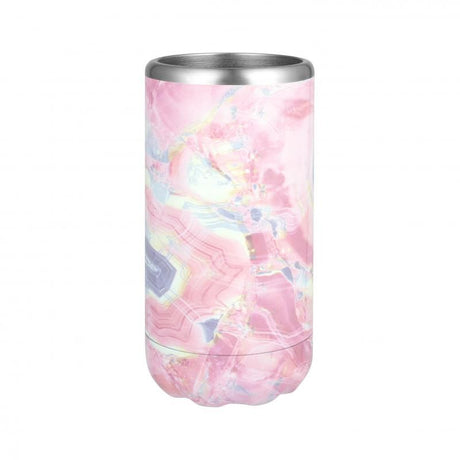 Pink marble double wall insulated can holder designed to keep drinks chilled, fits standard cans, and eliminates condensation.