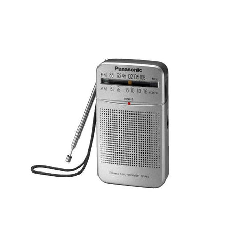 Compact silver Panasonic Portable Radio with 5.7 cm speaker and LED tuning indicator, ideal for music lovers on-the-go.