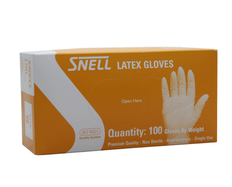 Pack of 100 small powdered latex disposable gloves, designed for comfort and versatility in food and medical use.