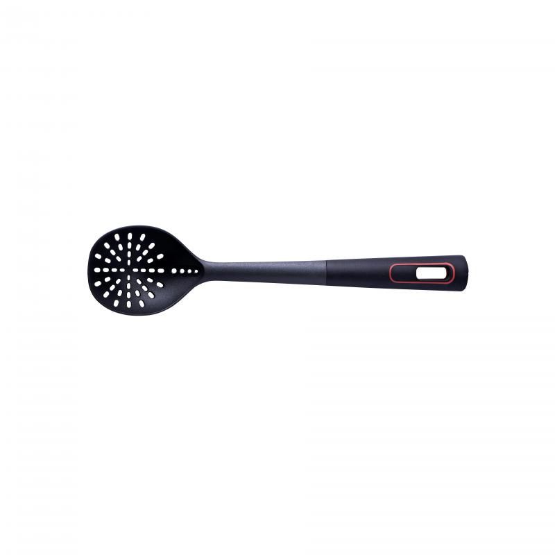 Avanti 34cm nylon slotted spoon with ergonomic silicone handle, perfect for stirring, draining, and herb stripping.