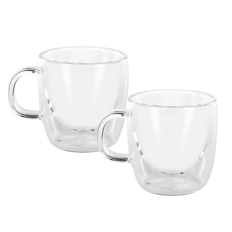 Elegant set of 2 double wall glasses, 100ml capacity, made from durable borosilicate glass for hot and cold beverages.