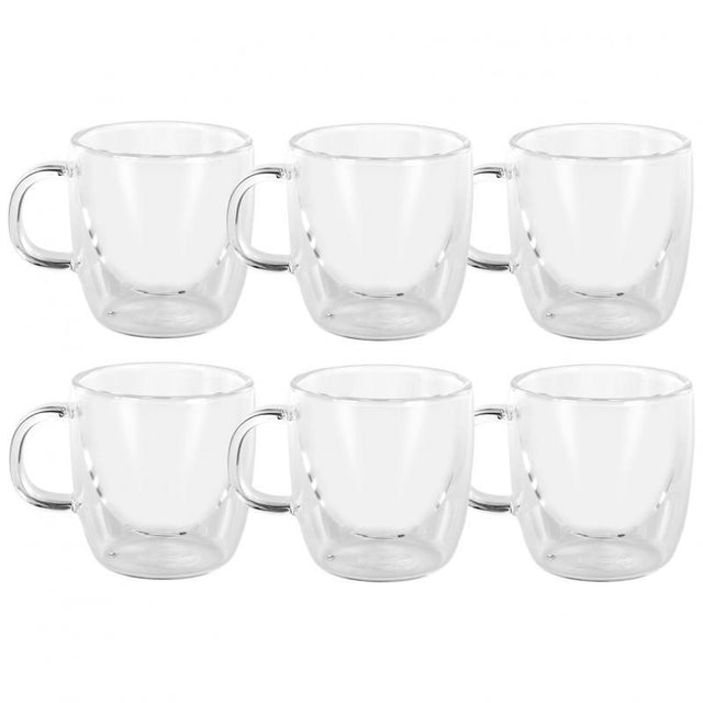 Double wall glasses set of 6, 250ml, maintains drink temperature and prevents condensation; dishwasher and microwave safe.