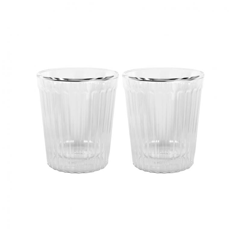 Double wall glass set of 2 (80ml) designed for hot and cold beverages; durable borosilicate glass keeps drinks at perfect temperature.