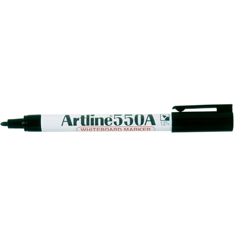 Pack of 12 Artline 550A black whiteboard markers with 1.2mm bullet nib, designed for smooth, low-odour writing and erasing.