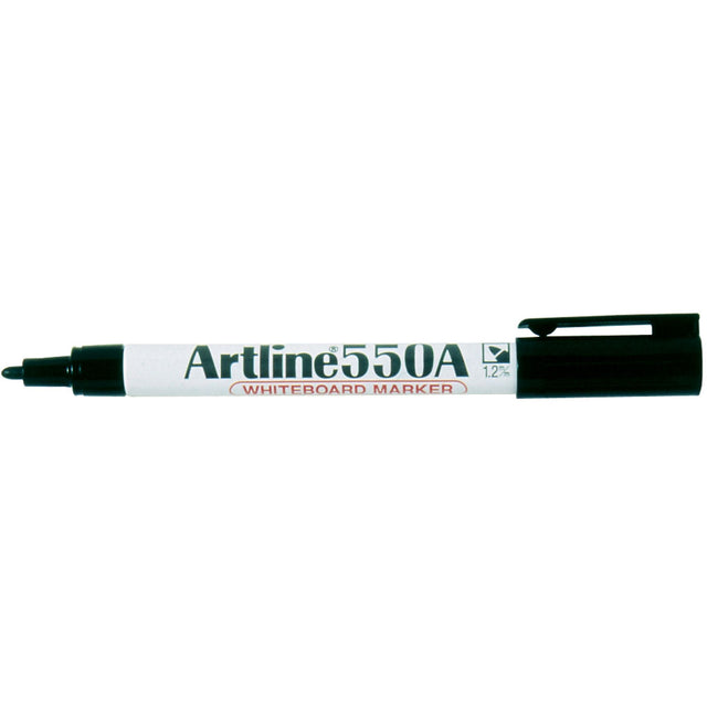 Pack of 12 Artline 550A black whiteboard markers with 1.2mm bullet nib, designed for smooth, low-odour writing and erasing.