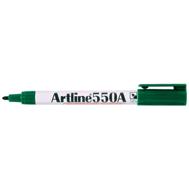 Artline 550a Green Whiteboard Markers, 1.2mm bullet nib, pack of 12, eco-friendly, low-odor, bold colors for smooth writing.