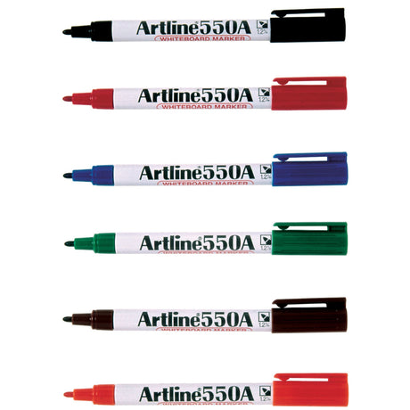 Artline 550a Whiteboard Marker set, 12 assorted colors, 1.2mm bullet nib, dry erase, durable, low odor, and Xylene-free.