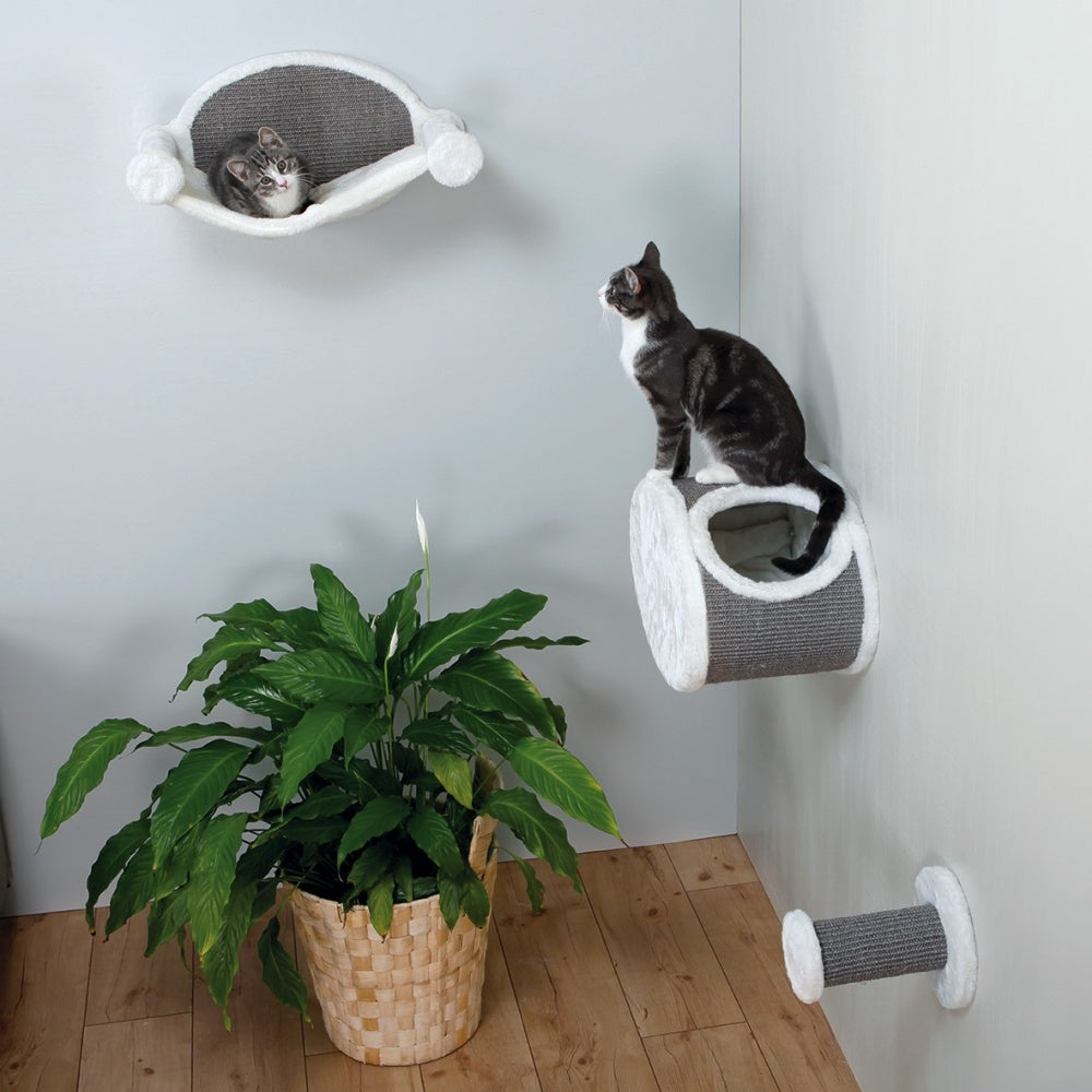Wall-mounted cat hammock with plush cover and sisal scratching surface, perfect for cozy lounging in style.