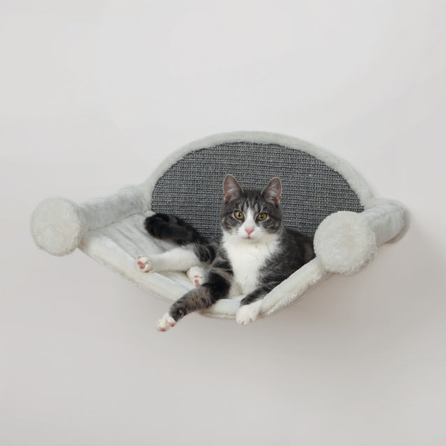 Wall-mounted cat hammock in white and grey, featuring plush cover and sisal scratching surface for comfort and play.