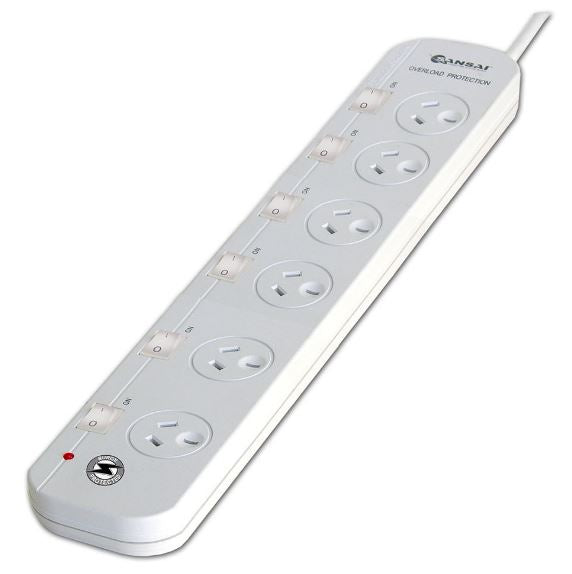 Sansai 6 Way Surge Powerboard with individual switches, 6 outlets for convenience, surge protection, and 1m cable length.