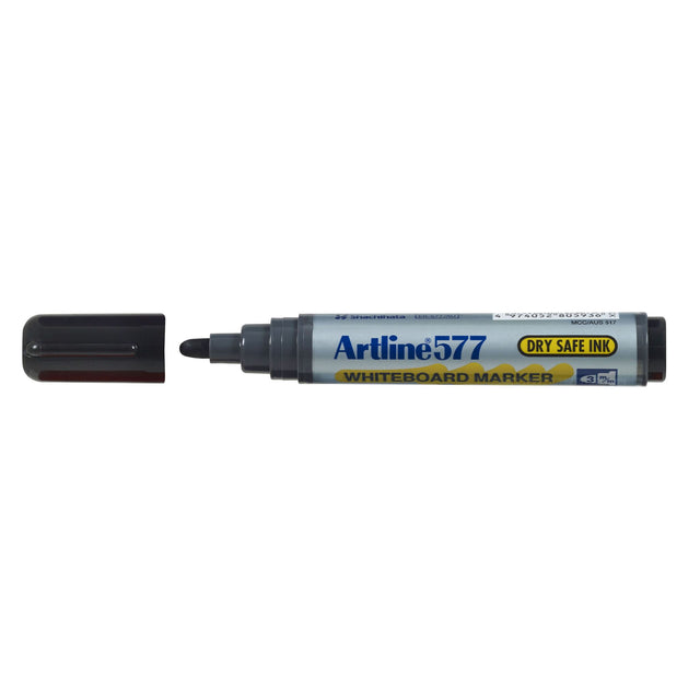 Pack of 12 Artline 577 black whiteboard markers with 2mm bullet nib, featuring low-odor, dry safe, and Xylene-free ink.