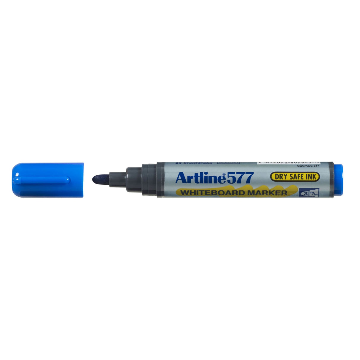 Artline 577 Blue Whiteboard Markers with 2mm bullet nib, pack of 12, featuring dry safe, low-odour, bold ink for versatile use.